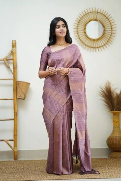 Silk Magenta Rose Gold Weaved Thread and Zari Saree - Ibis Fab