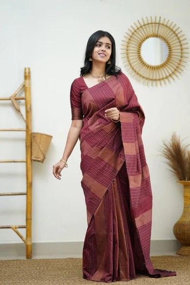 Silk Magenta Rosy Brown Weaved Thread and Zari Saree - Ibis Fab