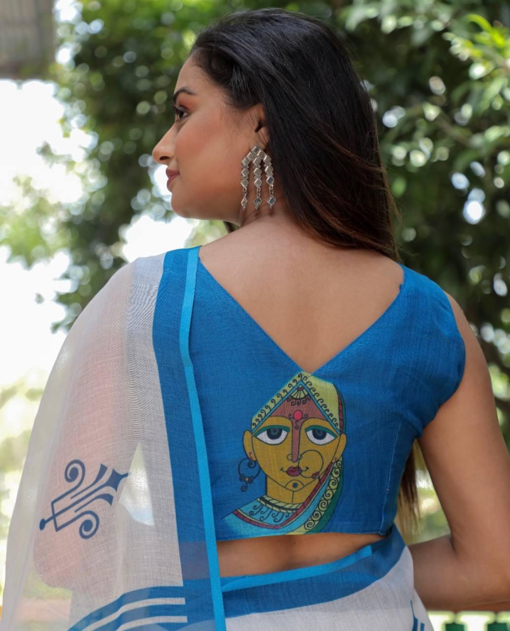 Sky Blue And White linen saree with digital printed work - Ibis Fab