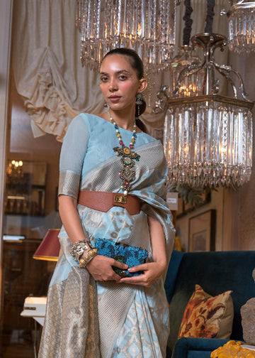 Sky Blue Linen Woven Saree With Unstitched Blouse
