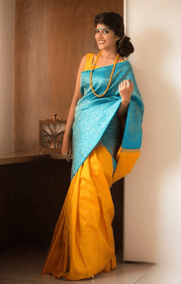 soft silk mesmerising orange and light blue colour, traditional wear - Ibis Fab