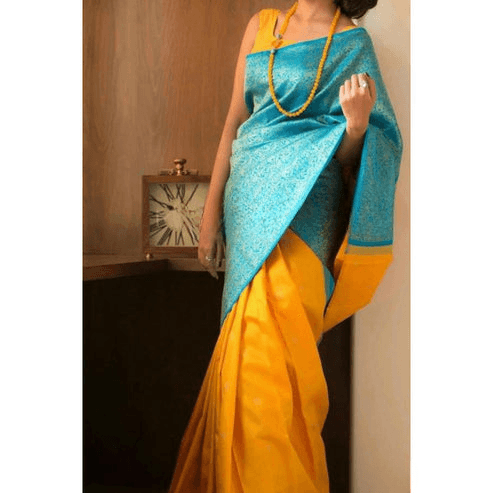 soft silk mesmerising orange and light blue colour, traditional wear - Ibis Fab