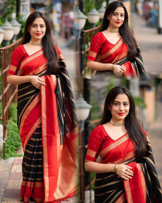 Soft silk saree, striped design n tassled pallu, running blouse - Ibis Fab