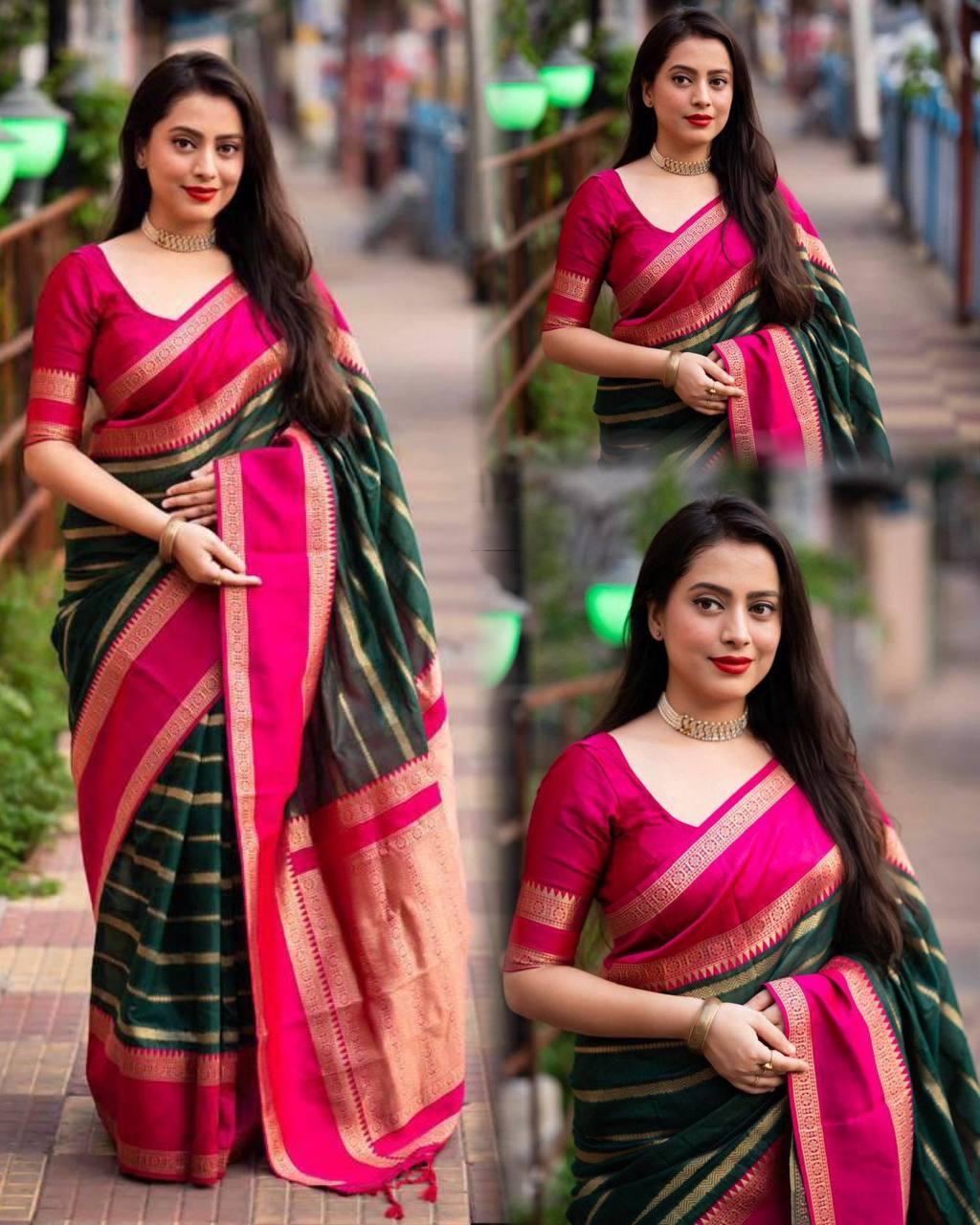 Soft silk saree, striped design n tassled pallu, running blouse - Ibis Fab