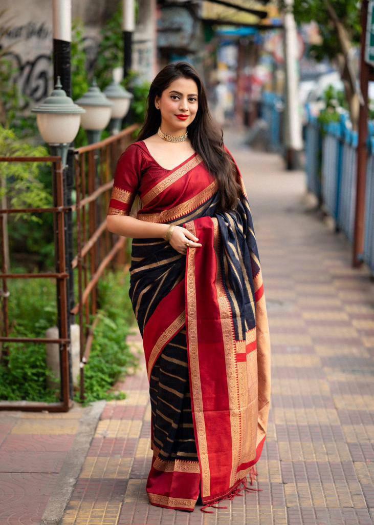 Soft silk saree, striped design n tassled pallu, running blouse - Ibis Fab