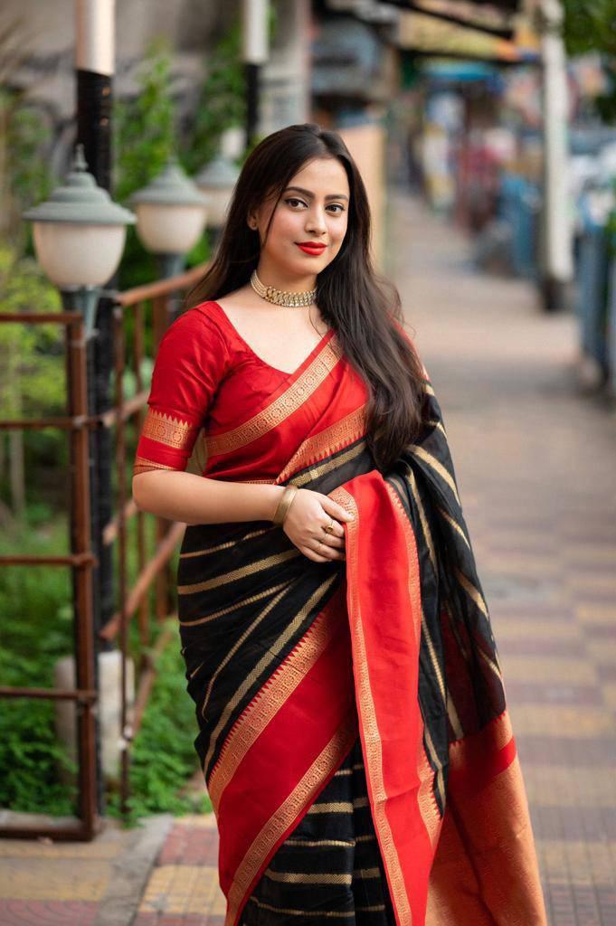 Soft silk saree, striped design n tassled pallu, running blouse - Ibis Fab