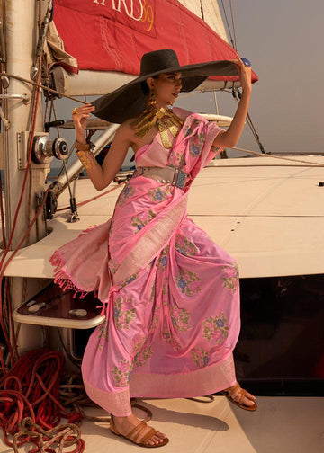 Sophisticated Baby Pink Colored Printed Pure Soft Silk Saree