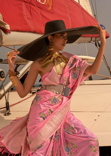 Sophisticated Baby Pink Colored Printed Pure Soft Silk Saree