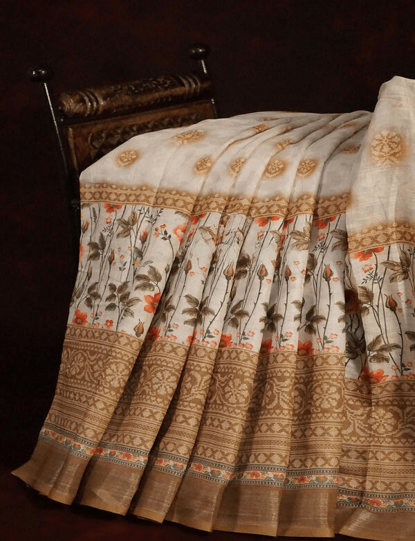 Sophisticated Off White Colored Cotton Linen Designer Printed Saree - Ibis Fab