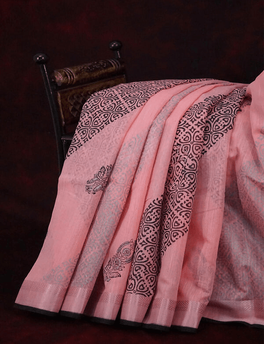 Stunning Baby Pink Colored Cotton Linen Designer Printed Saree - Ibis Fab