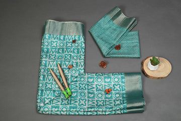 Stunning Sea Green Colored Cotton Linen Designer Printed Saree