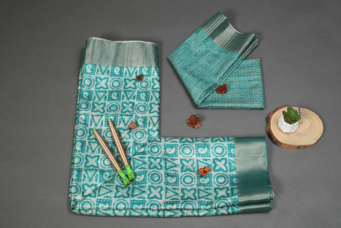 Stunning Sea Green Colored Cotton Linen Designer Printed Saree