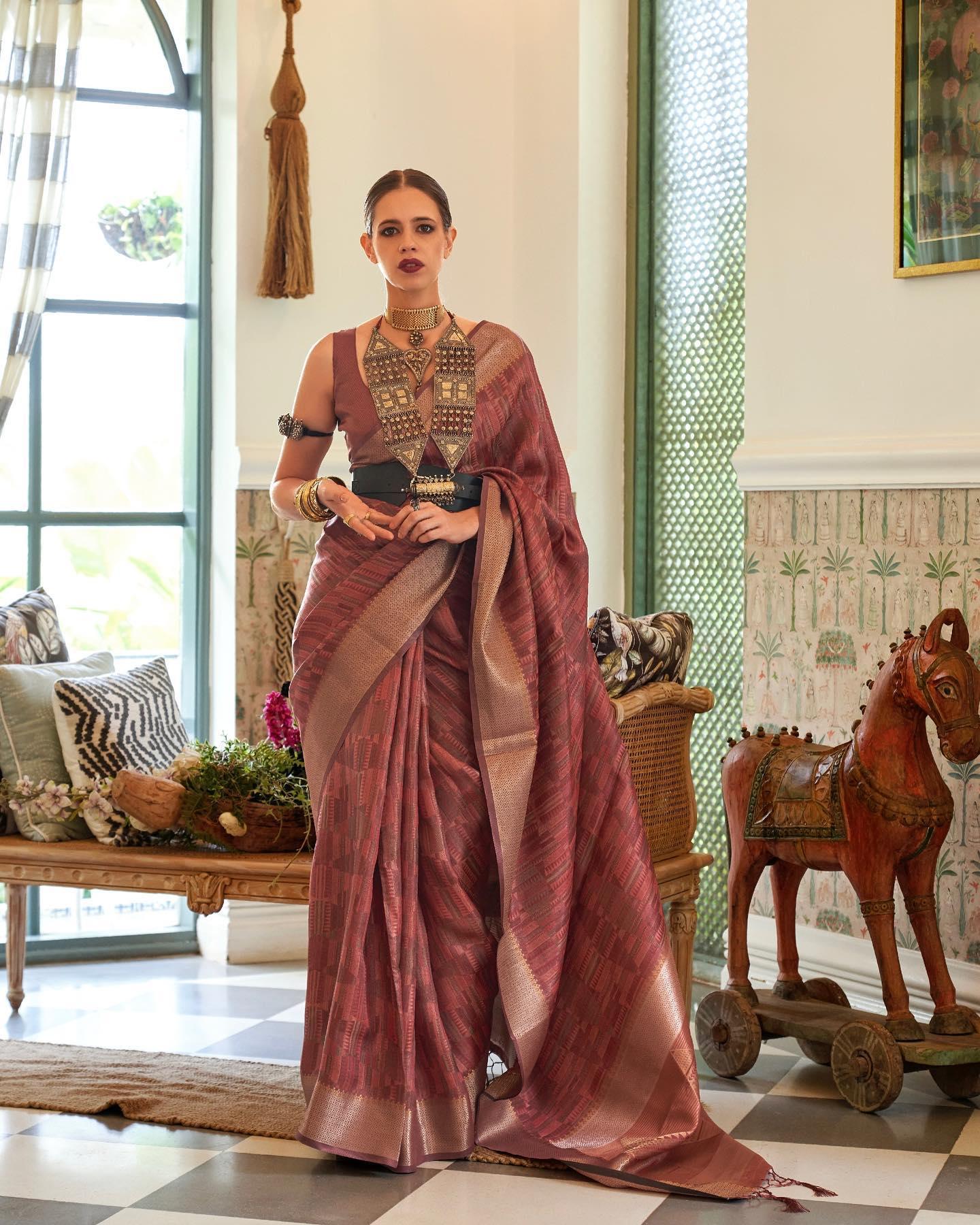 style bazaar Brown Saree With Unstitched Blouse - Ibis Fab