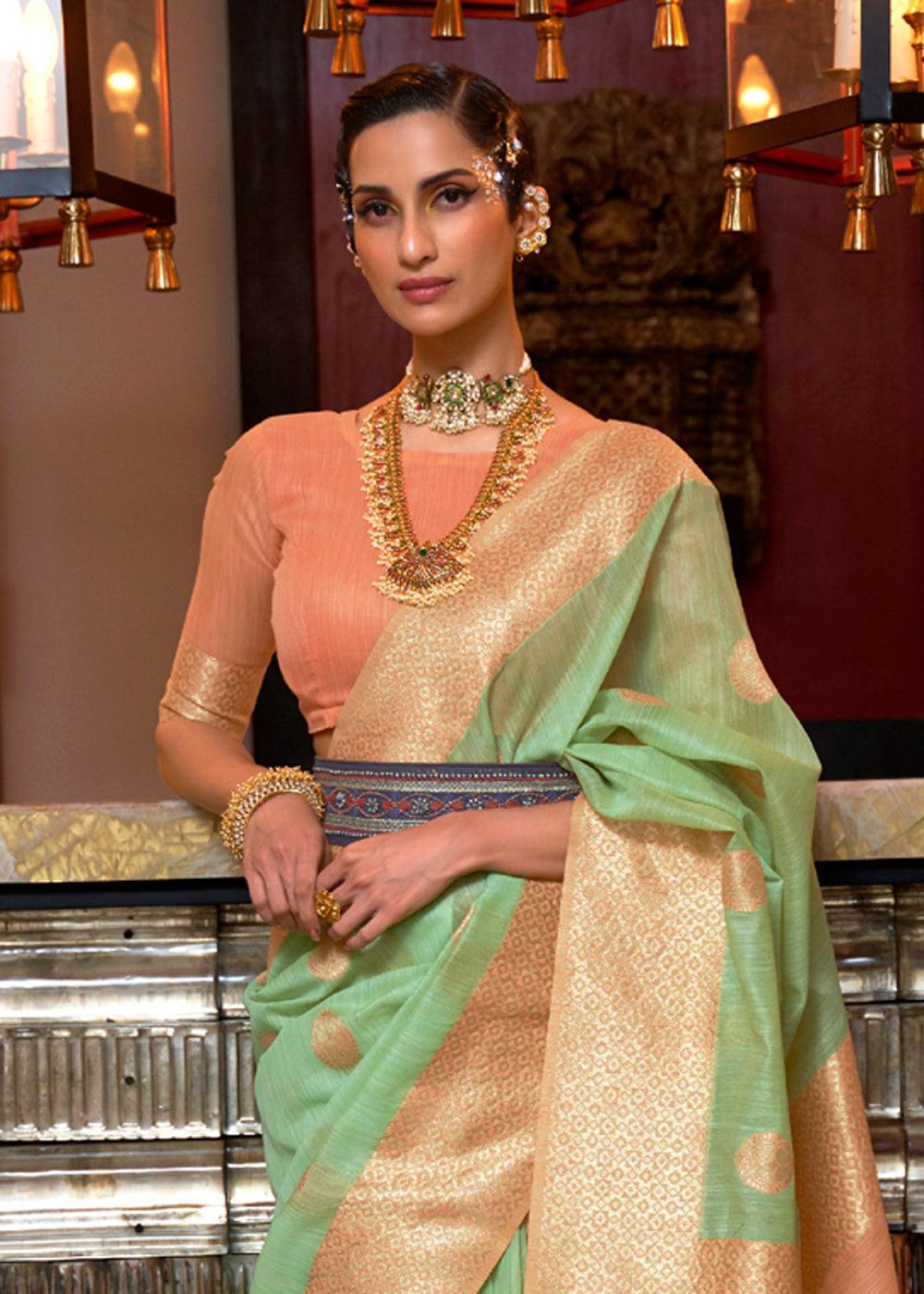 style bazaar peach & Green Linen Silk Saree - Ibis Fab