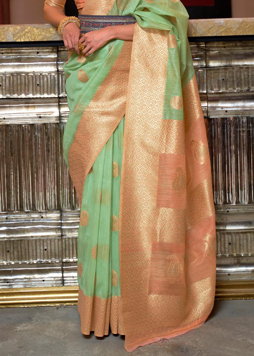 style bazaar peach & Green Linen Silk Saree - Ibis Fab