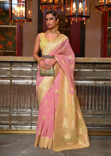 style bazaar Pink & Yellow Linen Silk Saree