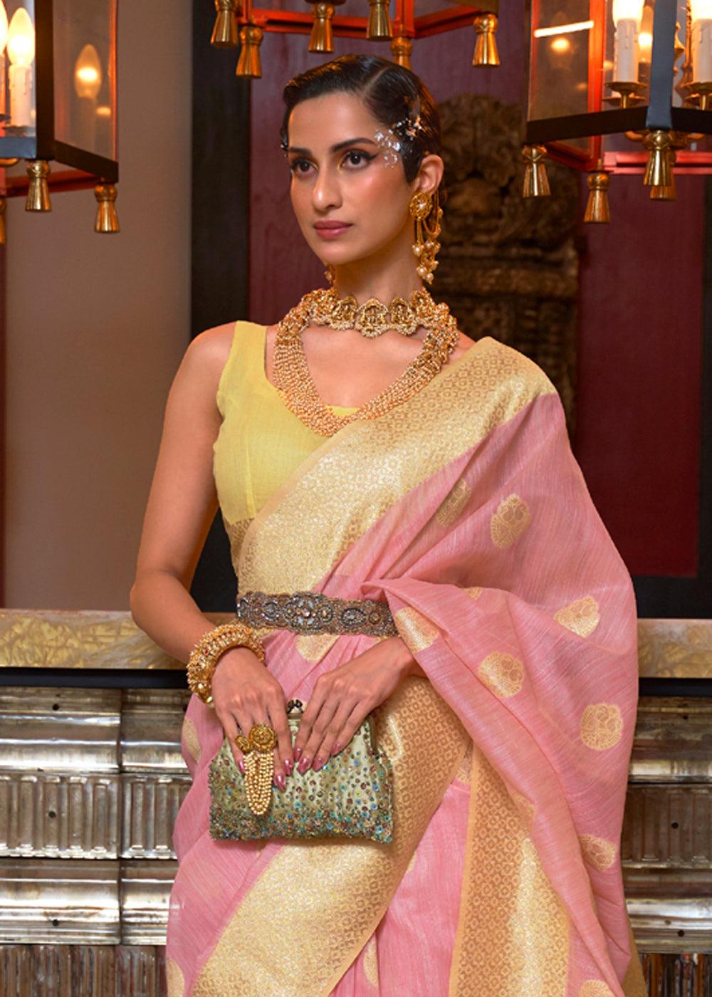 style bazaar Pink & Yellow Linen Silk Saree - Ibis Fab