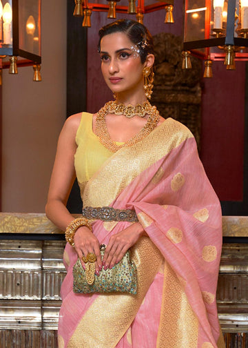 style bazaar Pink & Yellow Linen Silk Saree