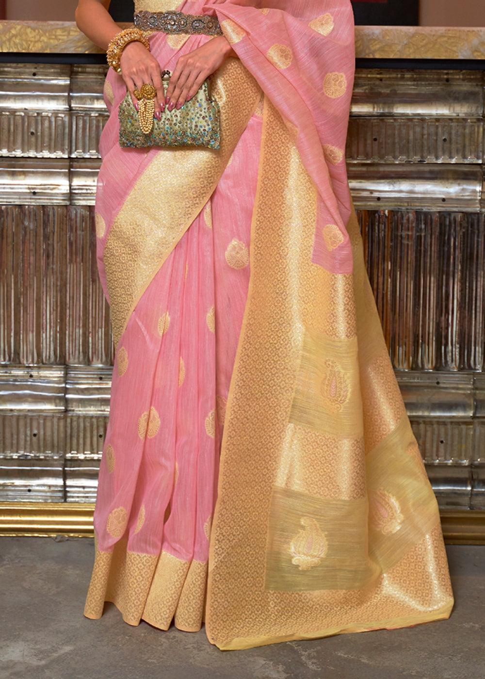 style bazaar Pink & Yellow Linen Silk Saree - Ibis Fab