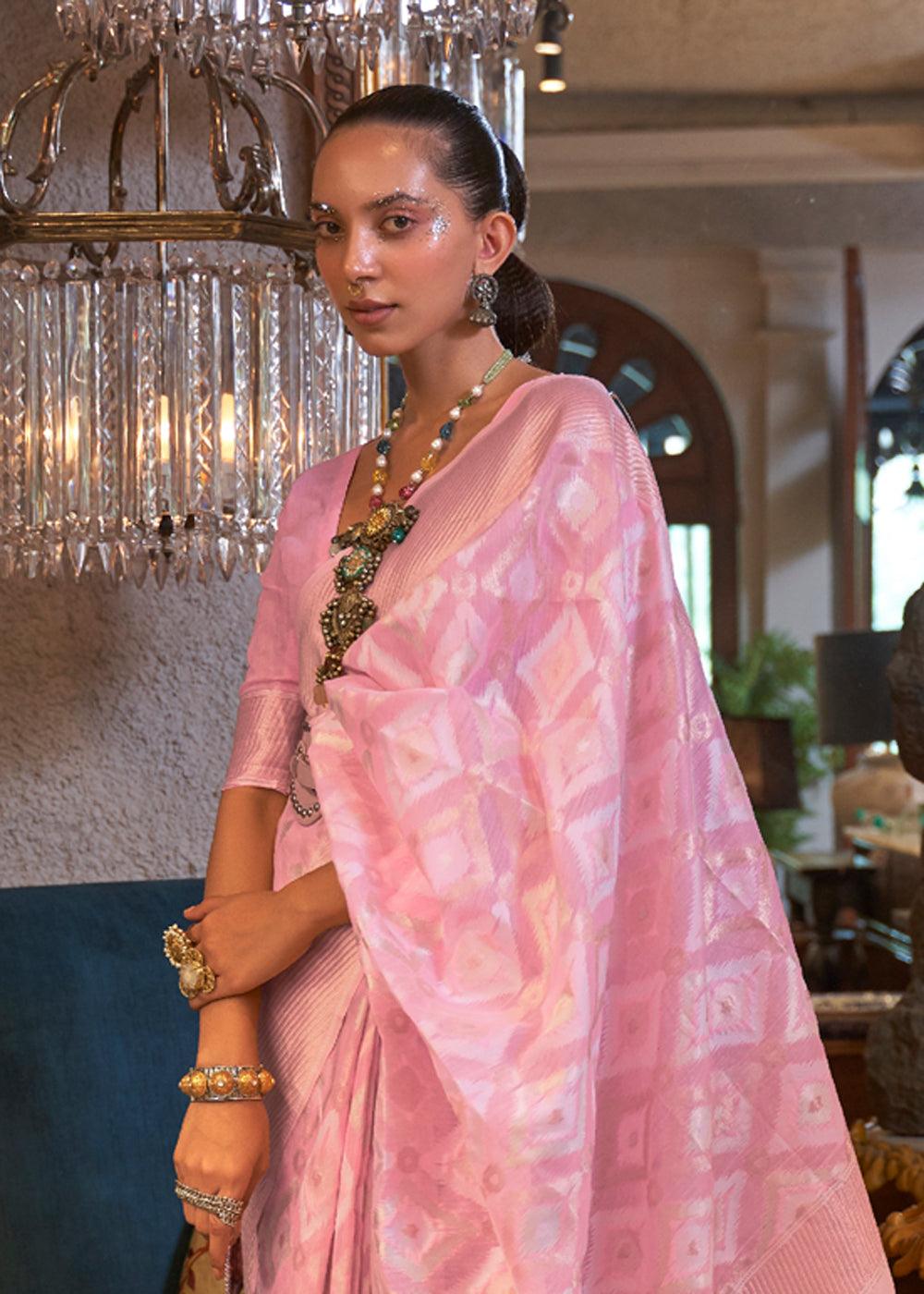 style bazaar Pink Linen Silk Saree - Ibis Fab