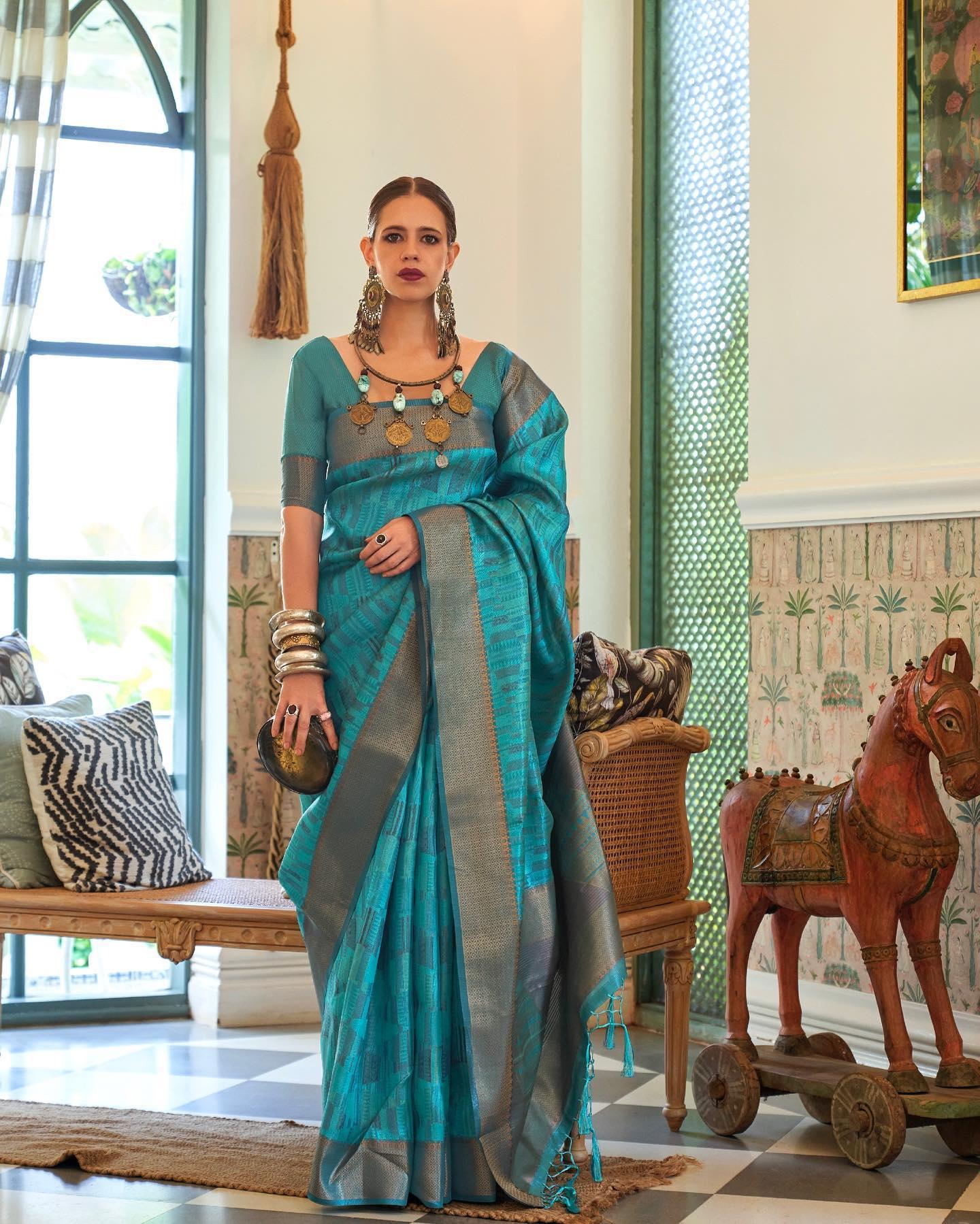 style bazaar Rama Saree With Unstitched Blouse - Ibis Fab