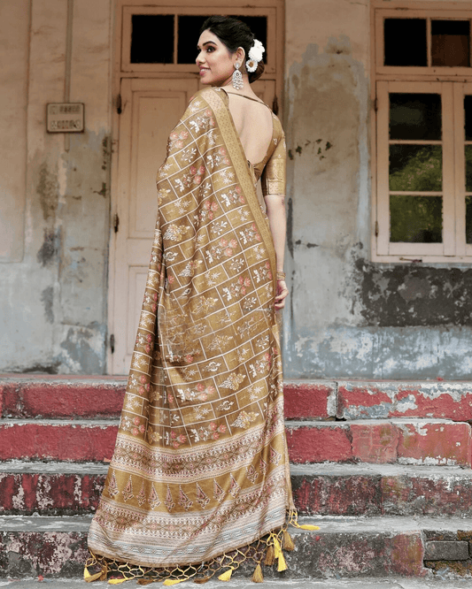 Stylish Beige Color Jacquard Silk Saree - Ibis Fab