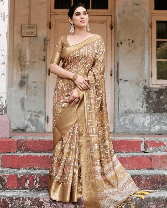 Stylish Beige Color Jacquard Silk Saree