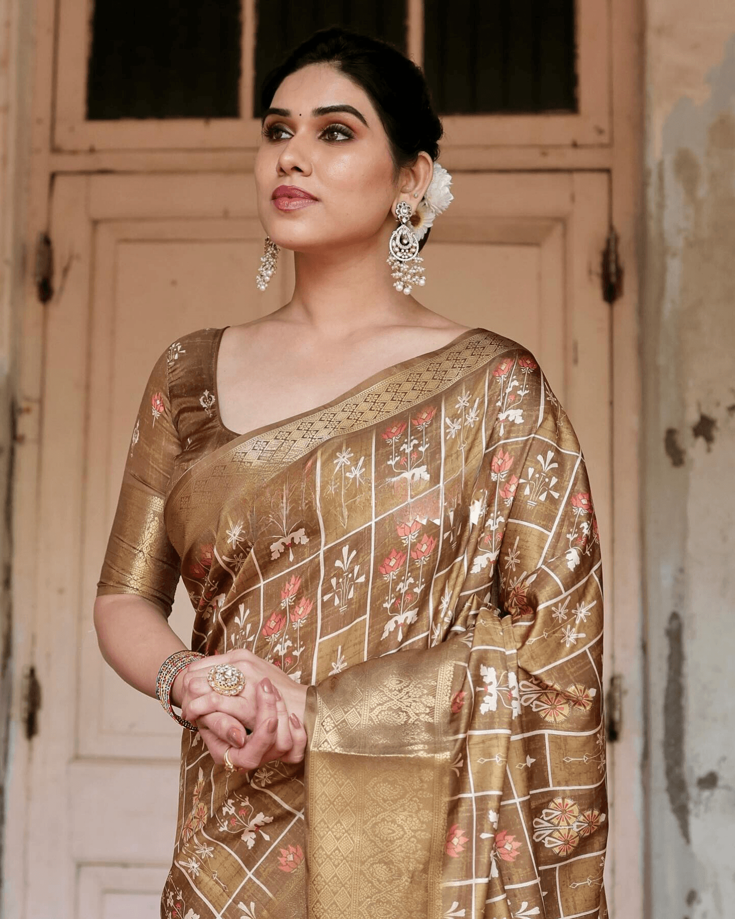 Stylish Beige Color Jacquard Silk Saree - Ibis Fab