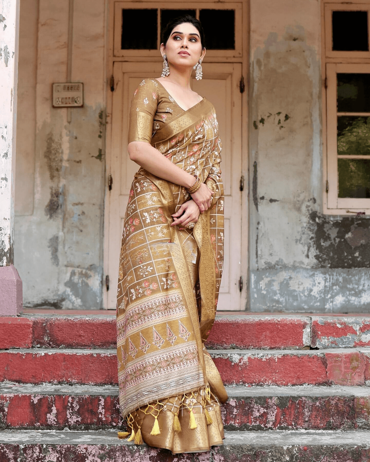 Stylish Beige Color Jacquard Silk Saree - Ibis Fab