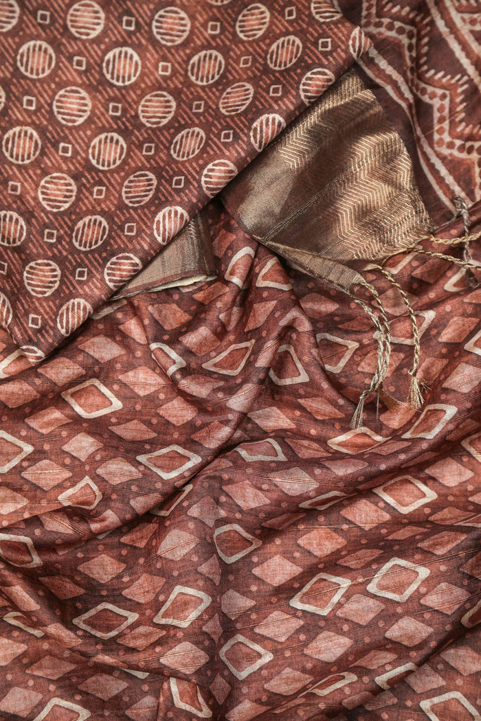 Stylish Brown Colored Cotton Linen Designer Printed Saree