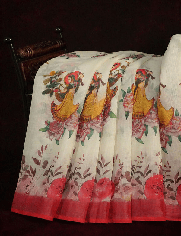 Stylish Off-White Colored Cotton Linen Designer Printed Saree - Ibis Fab