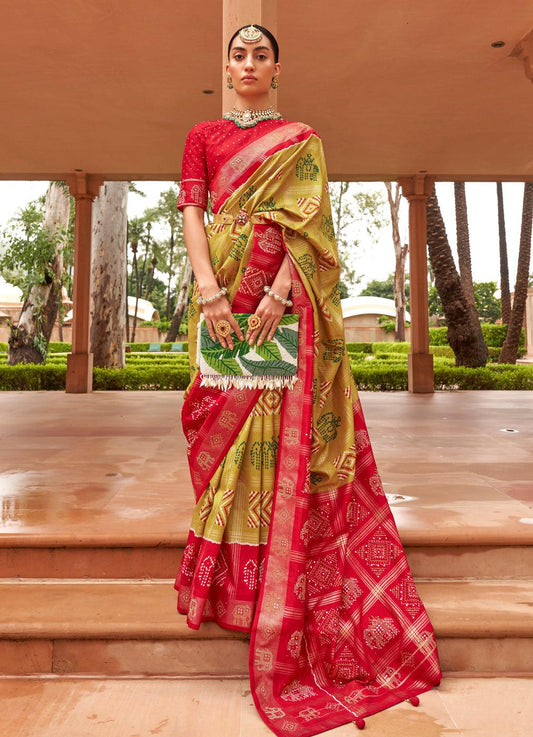 Stylish Red And Mustarad Yellow Colored Printed Pure Soft Silk Saree - Ibis Fab