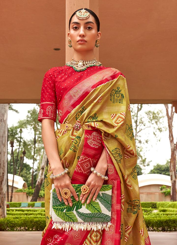 Stylish Red And Mustarad Yellow Colored Printed Pure Soft Silk Saree - Ibis Fab