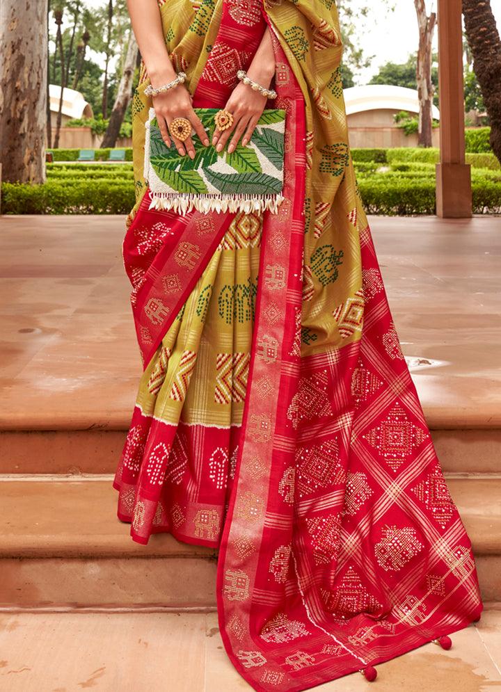 Stylish Red And Mustarad Yellow Colored Printed Pure Soft Silk Saree - Ibis Fab