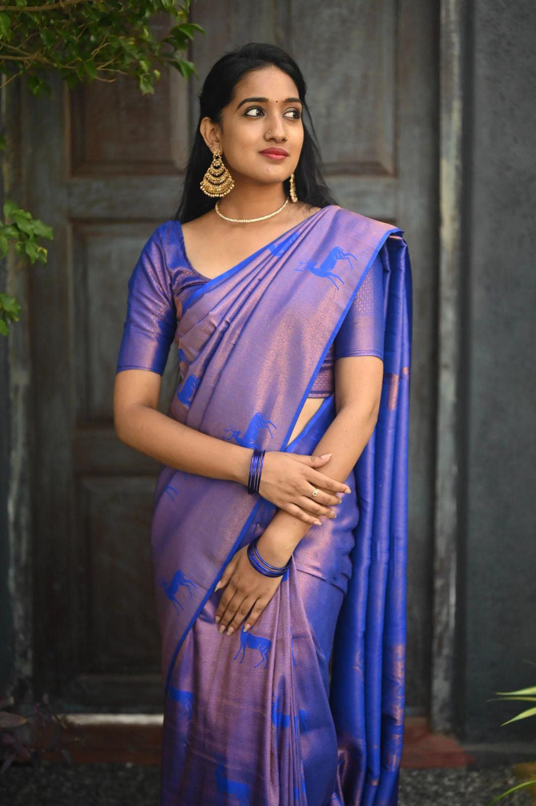 Stylish royal blue Jacquerd Soft Lichi Silk Saree - Ibis Fab