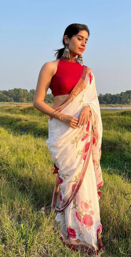 Stylish White Digital Printed Linen Saree - Ibis Fab