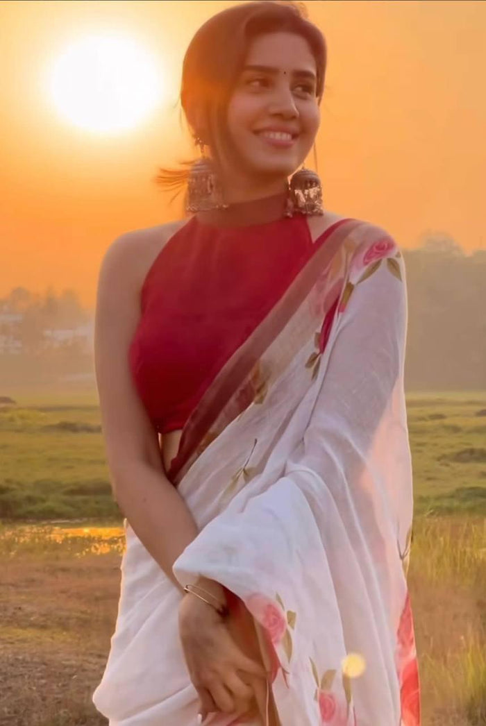 Stylish White Digital Printed Linen Saree