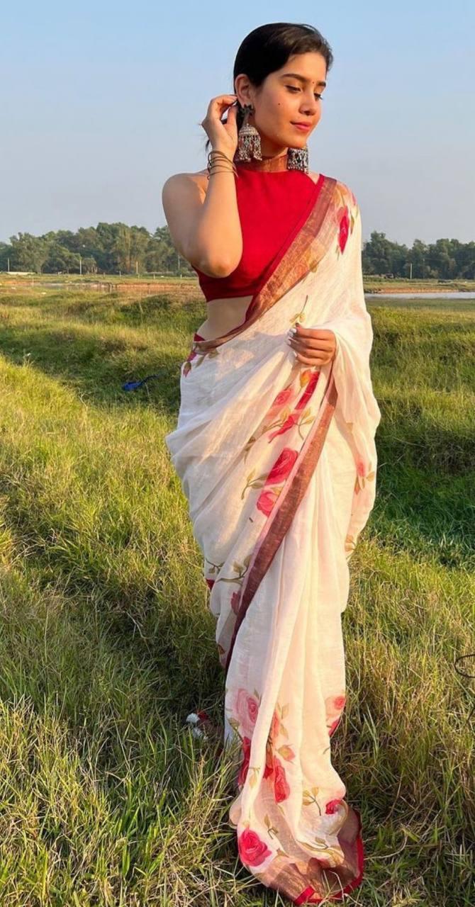 Stylish White Digital Printed Linen Saree - Ibis Fab