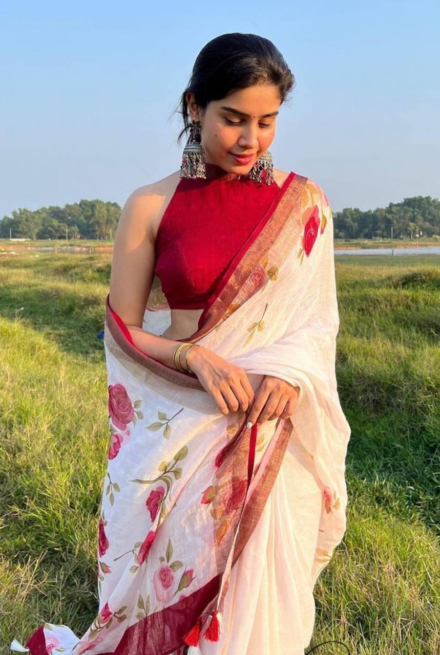 Stylish White Digital Printed Linen Saree - Ibis Fab