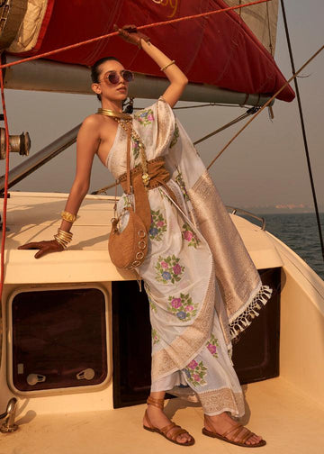 Trendy Off-White Colored Printed Pure Soft Silk Saree