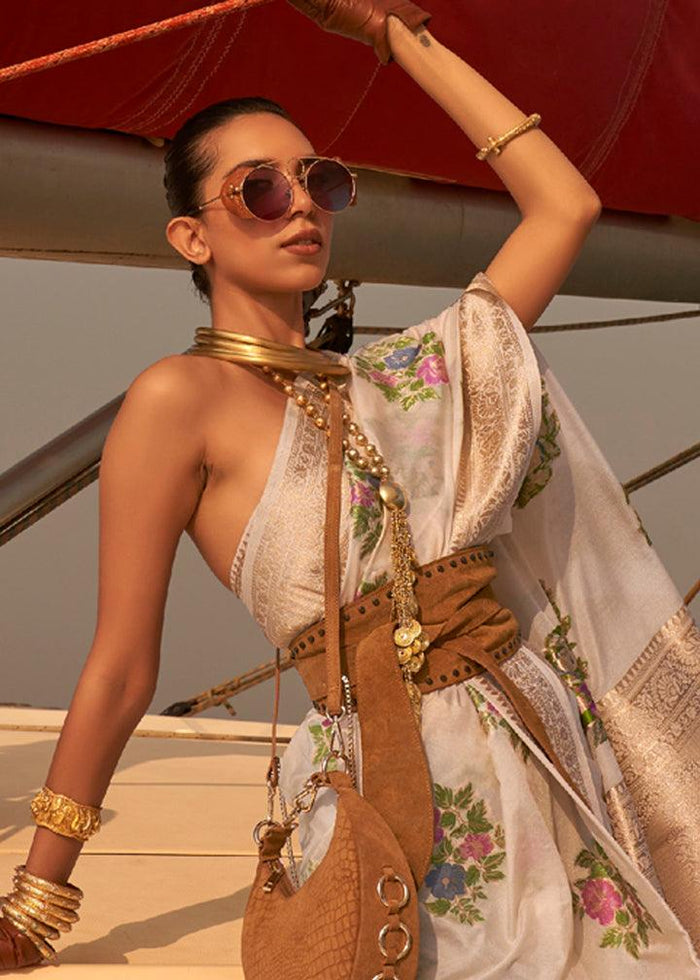 Trendy Off-White Colored Printed Pure Soft Silk Saree