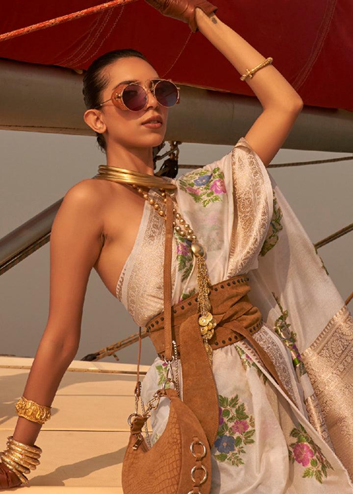 Trendy Off-White Colored Printed Pure Soft Silk Saree - Ibis Fab