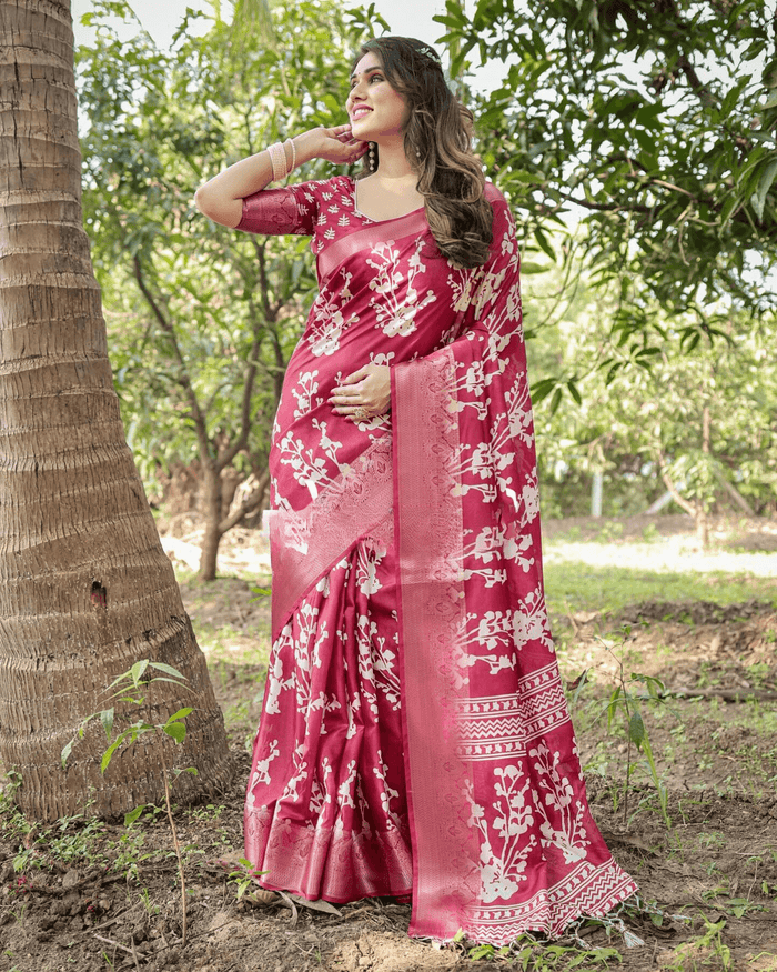 Trendy Rani Pink Colored Jacquard Silk Saree
