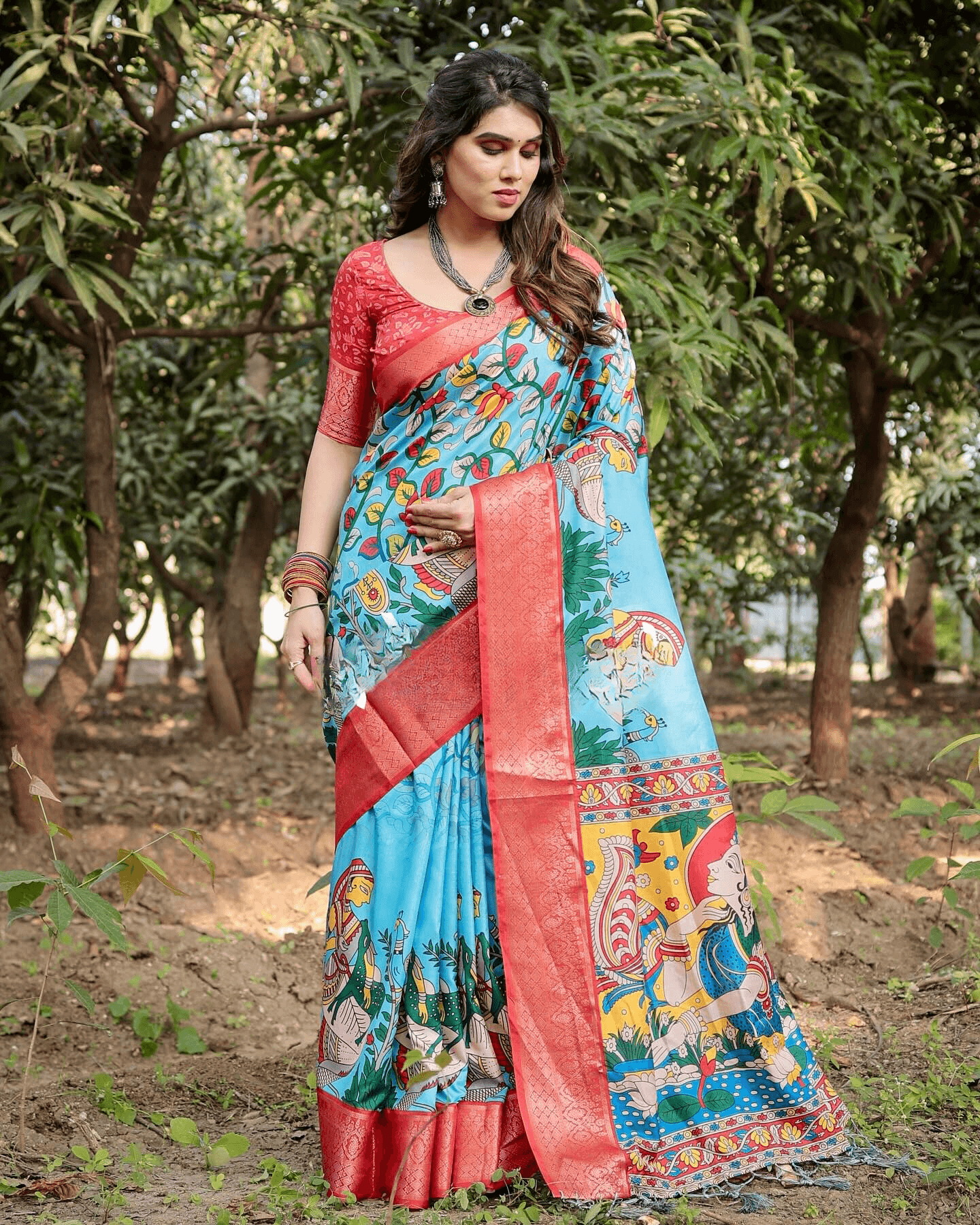 Turquoise Sky Blue Color Jacquard Silk Saree With Zari Border Blouse - Ibis Fab