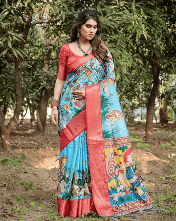 Turquoise Sky Blue Color Jacquard Silk Saree With Zari Border Blouse
