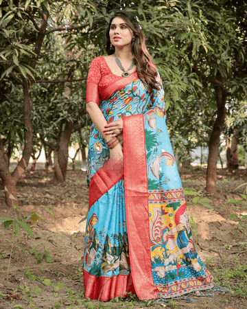 Turquoise Sky Blue Color Jacquard Silk Saree With Zari Border Blouse