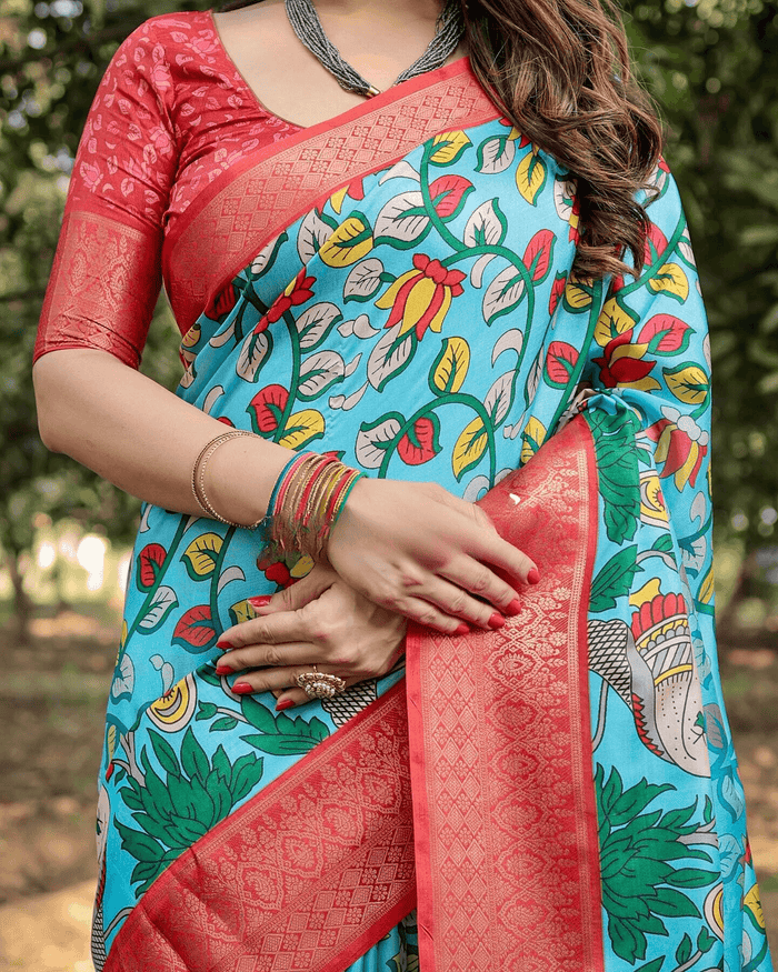 Turquoise Sky Blue Color Jacquard Silk Saree With Zari Border Blouse