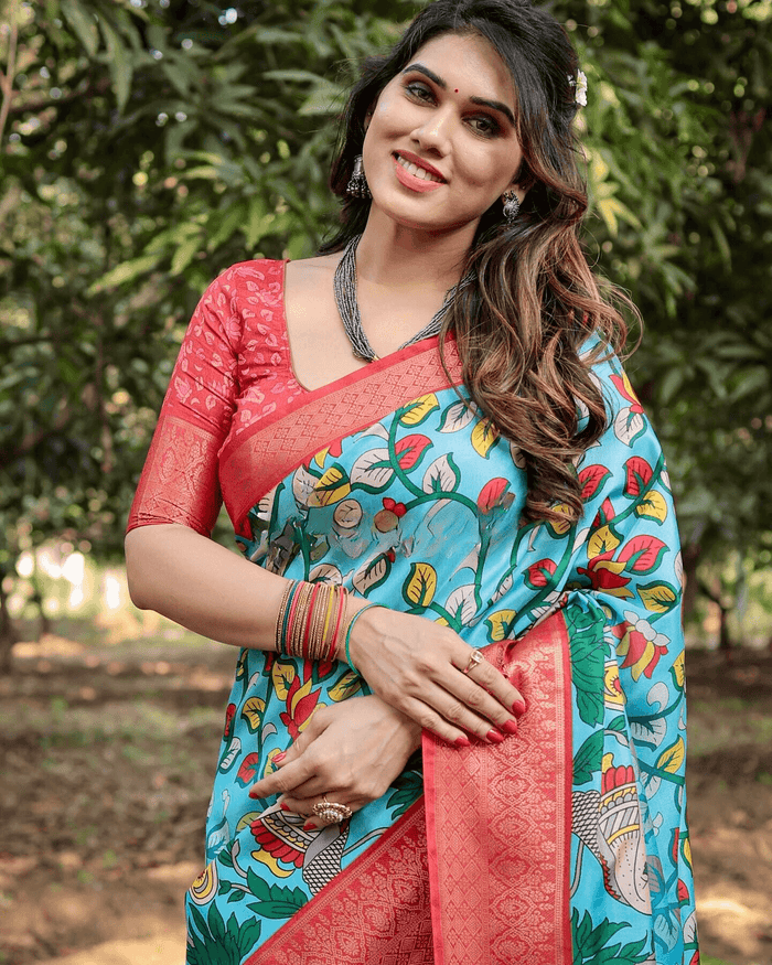 Turquoise Sky Blue Color Jacquard Silk Saree With Zari Border Blouse