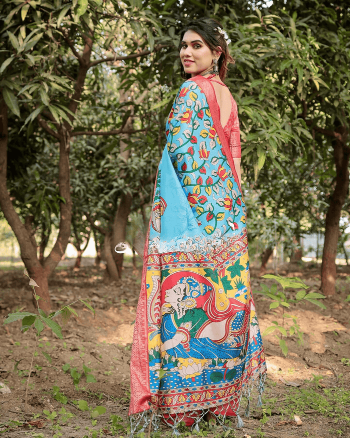 Turquoise Sky Blue Color Jacquard Silk Saree With Zari Border Blouse