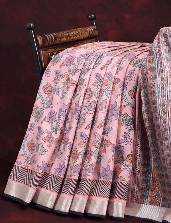 Unique Baby Pink Colored Cotton Linen Designer Printed Saree - Ibis Fab